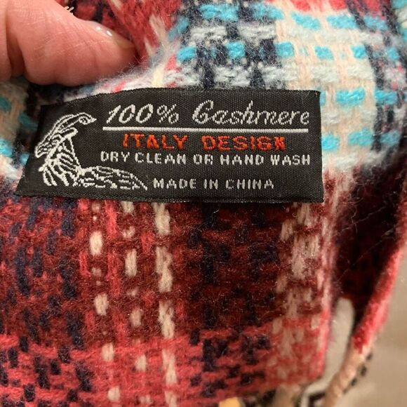 Italy Design Cashmere Scarf Red Pink Pastel Blue Checks  w/ Fringe 74”x 8” Women - Picture 4 of 4